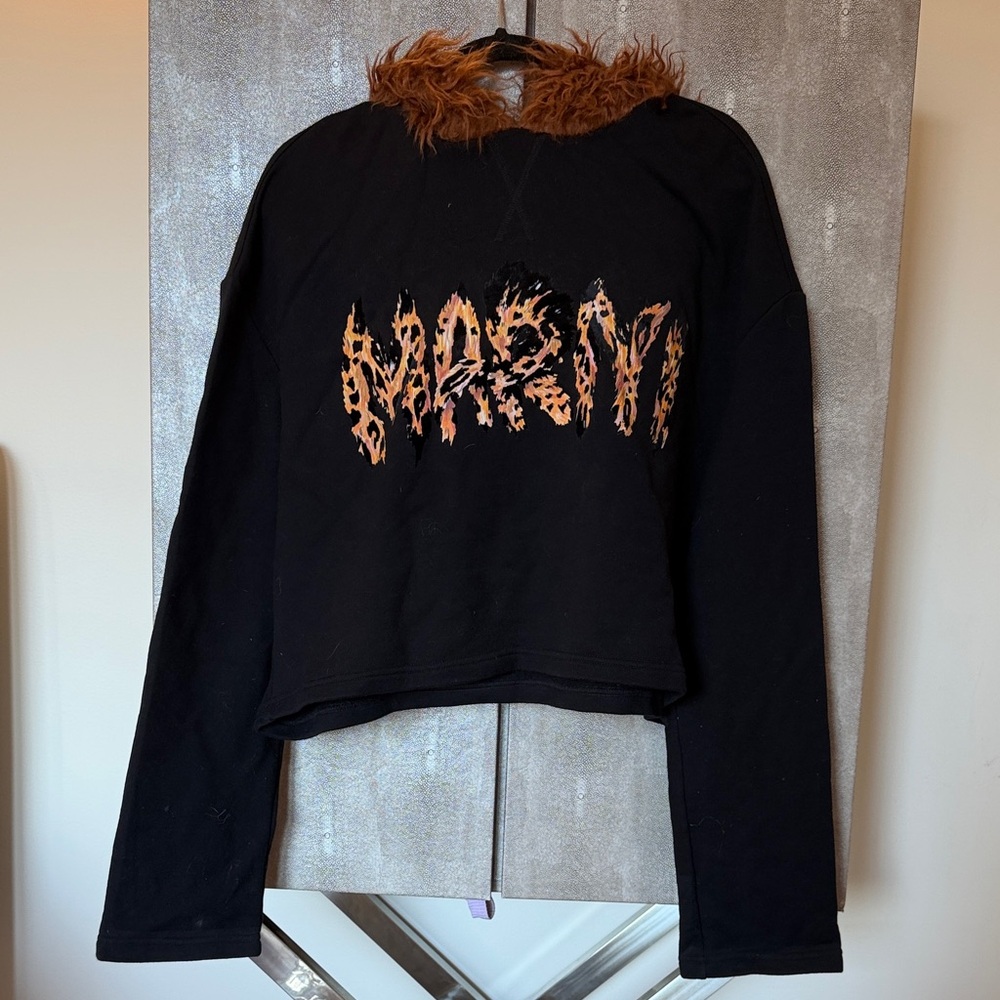 Marni Black Cropped Turtleneck Sweater with Brown Fur Trim and Leopard Logo